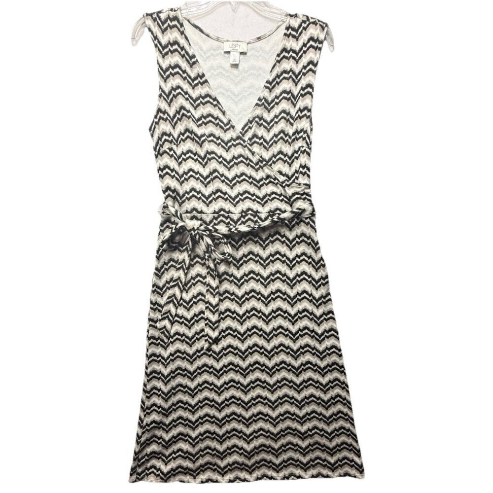 Ann Taylor Loft Knit Sleeveless Dress Zig Zag Stripe Beige Faux Wrap Sz 6P Belt